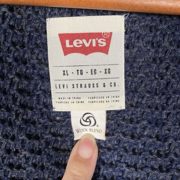 Levi's Sweater Men's XL Shawl Cardigan V Neck Button Up Blue Wool Blend Jumper - Picture 3 of 9